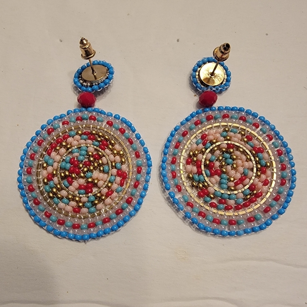 Beaded Multicolor Medallion Disc Dangle Earrings - Picture 2 of 5